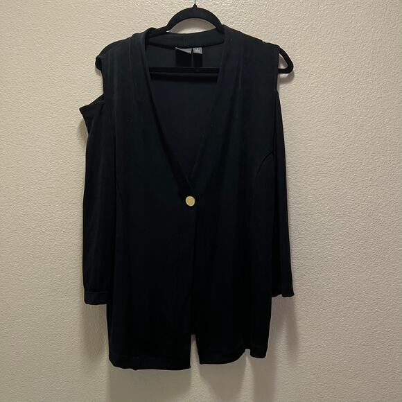Chicos Travelers Black Cold Shoulder Tunic Blouse Outer Piece Size 1 Medium - Picture 2 of 7